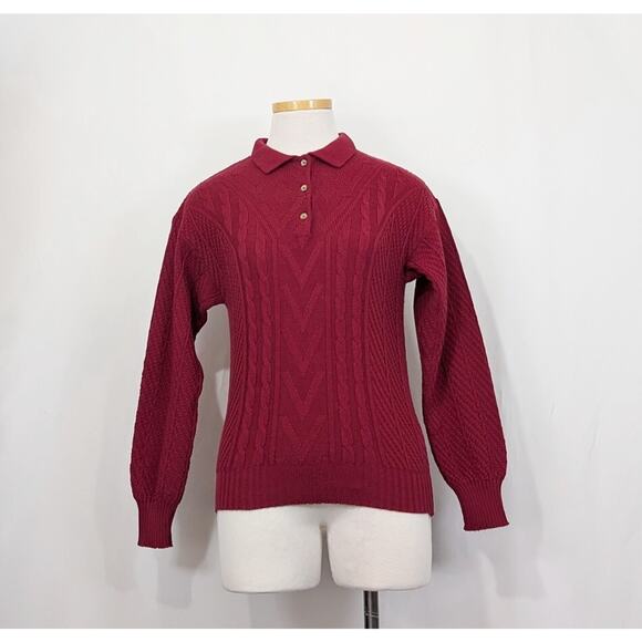 Vintage 80s Sweater Burgundy Red Wool Collar Italian Misses Size S Lands End - Picture 1 of 6